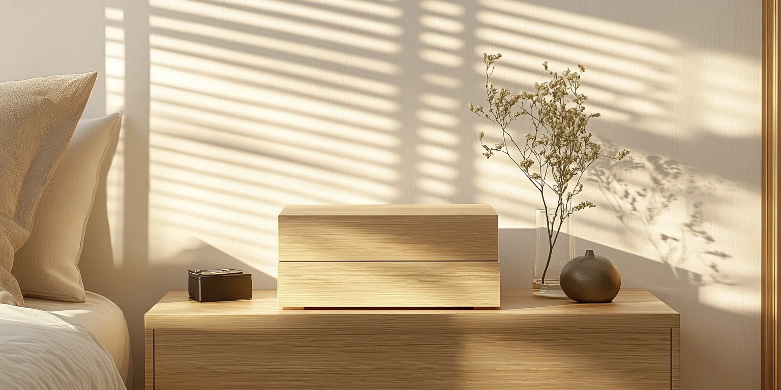 Light-colored custom wood jewelry box, sleek design on a dresser.